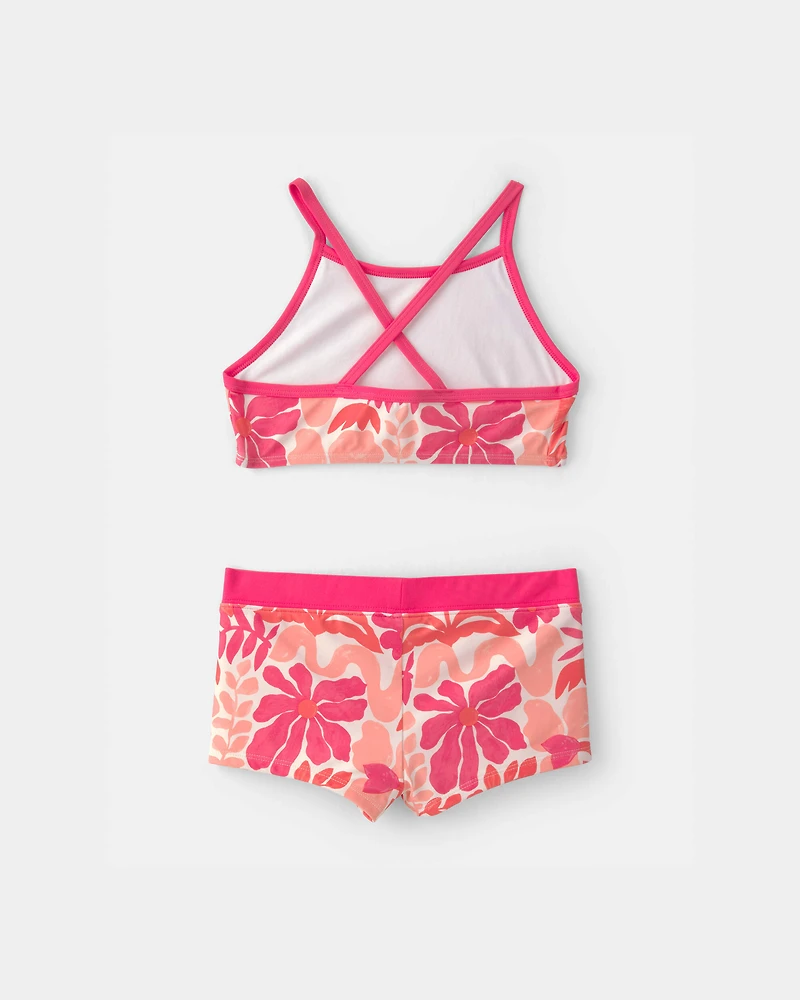 Girls 3-Piece Floral Long-Sleeve Rashguard Swimsuit Set - Pink/Orange