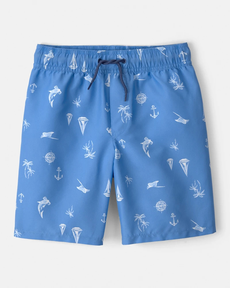 Boys 2-Piece Long-Sleeve Rashguard & Sailboat Swim Trunks Set - Blue