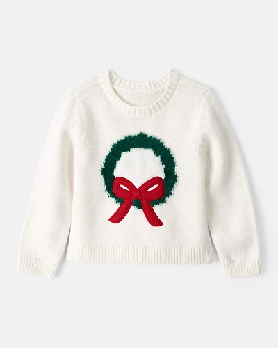 Toddler Girl Christmas Wreath Long-Sleeve Sweater - White