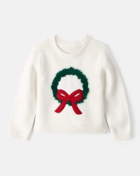 Toddler Girl Christmas Wreath Long-Sleeve Sweater - White