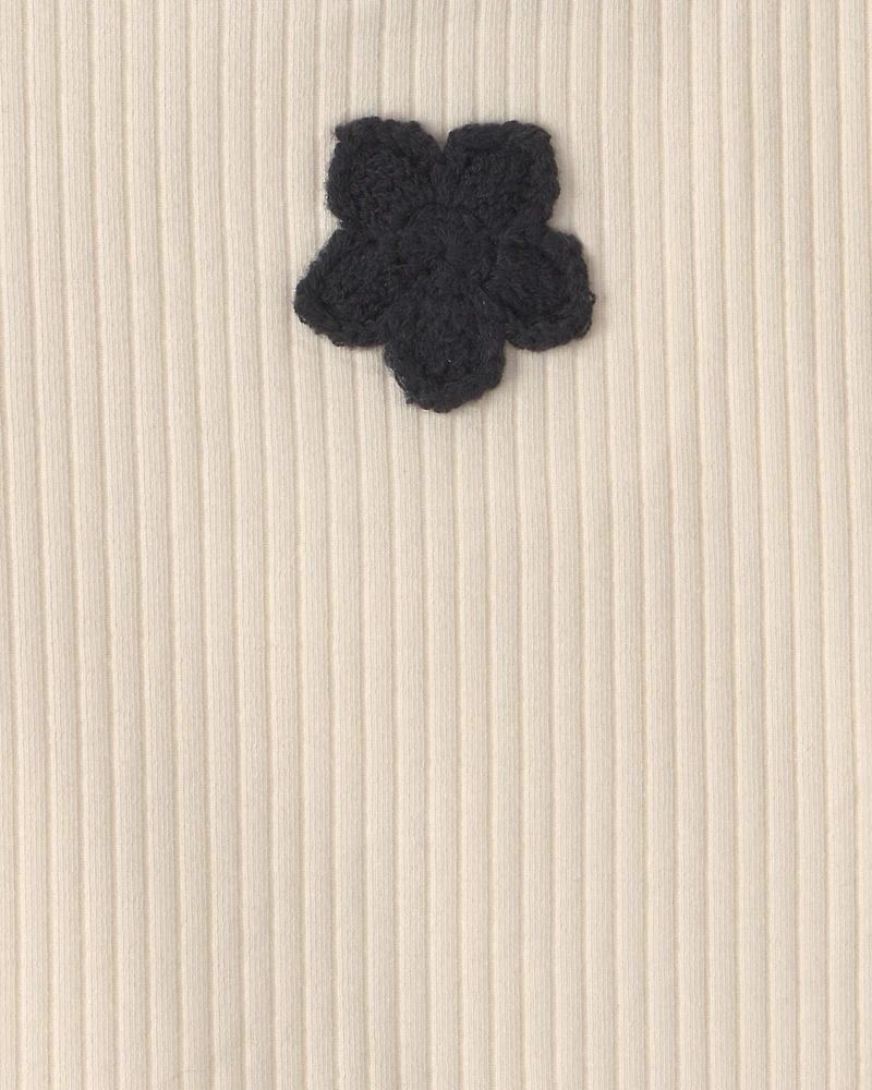 Girls Flower Embroidered Rib Tank Top - Ivory