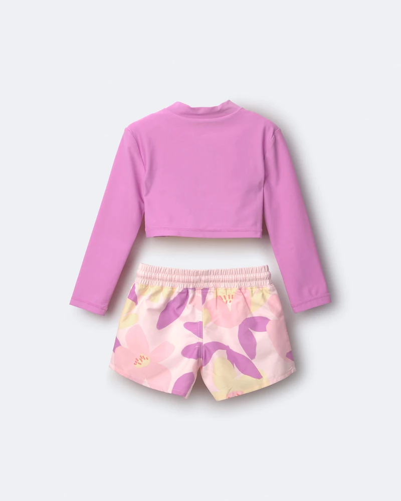 Toddler Girl Cropped Long-Sleeve Rashguard Set Tropical Print - Purple/Rose