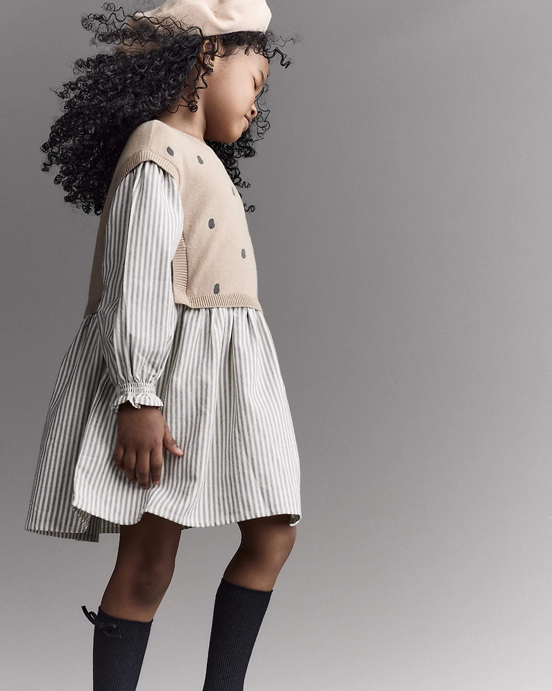 Toddler Girl Polka Dot Layered Sweater Long-Sleeve Dress - Brown/Cream