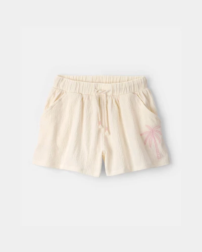 Girls Palm Tree Embroidered Gauze Shorts - Cream