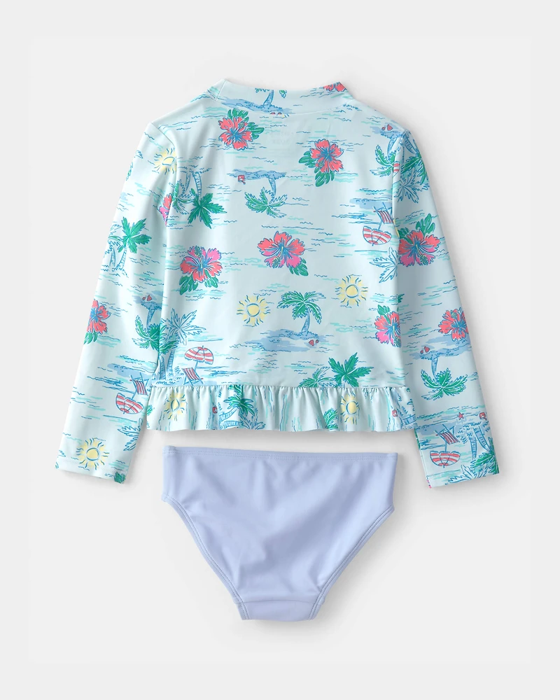 Toddler Girl 2-Piece Beach  Long-Sleeve Rashguard Swimsuit Set - Blue