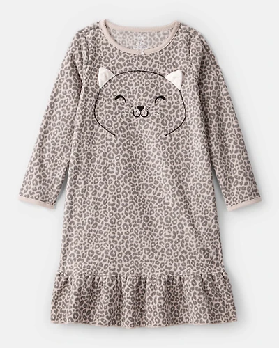 Girls Leopard Print Fleece Long-Sleeve Loose Fit Night Gown - Brown