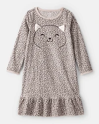 Girls Leopard Print Fleece Long-Sleeve Loose Fit Night Gown - Brown
