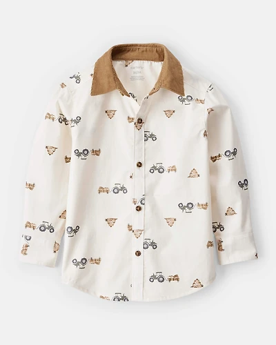 Toddler Boy Tractor Print Cotton Long-Sleeve Button Down Shirt - White