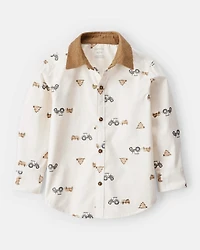 Toddler Boy Tractor Print Cotton Long-Sleeve Button Down Shirt - White