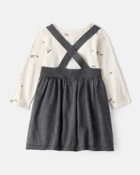 Baby Girl Bow Print Cotton Long-Sleeve Dress Set - White/Grey