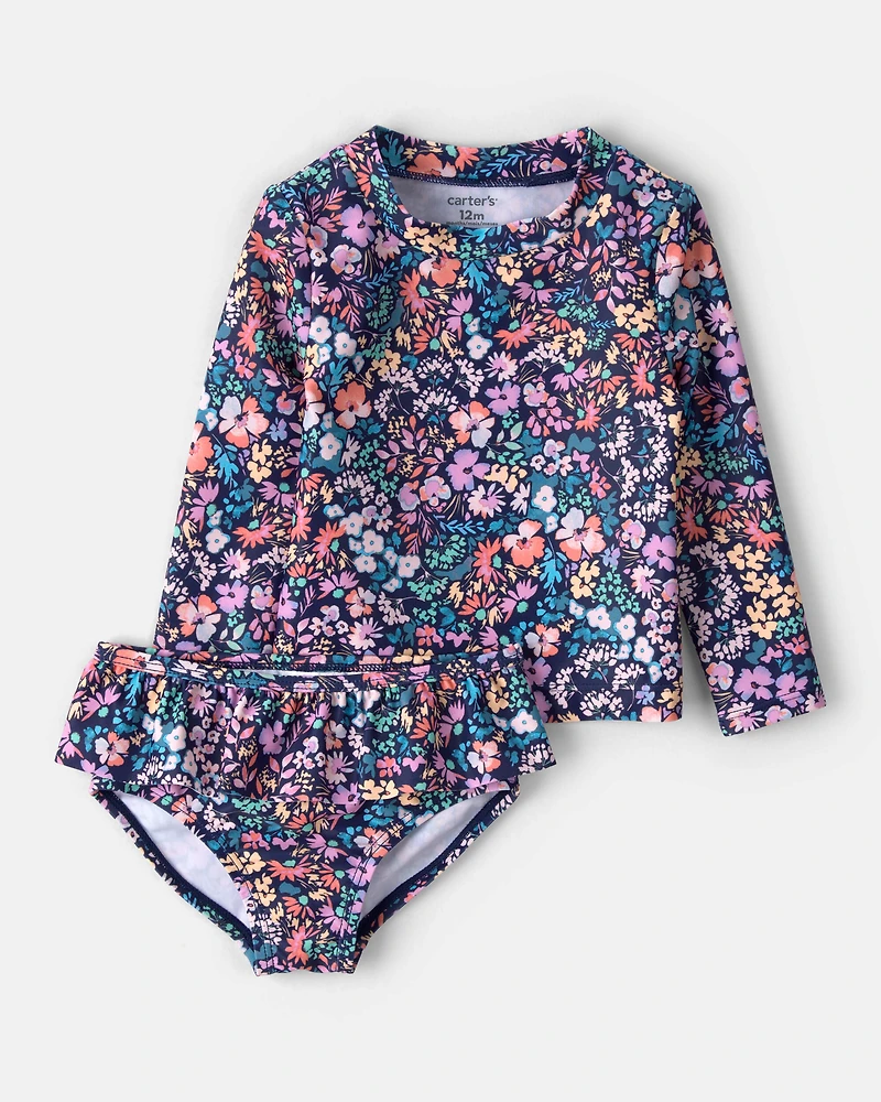 Baby Girl 2-Piece Floral Long-Sleeve Rashguard Swimsuit Set