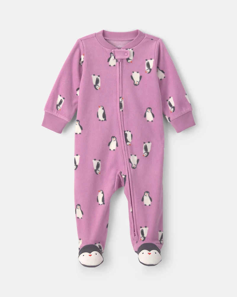 Baby Girl Penguin Fleece 2-Way Zip Sleeper - Purple