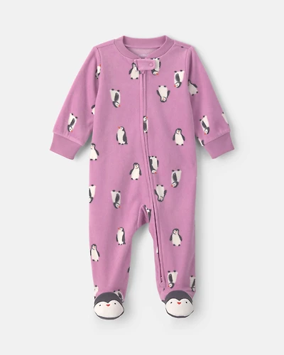 Baby Girl Penguin Fleece 2-Way Zip Sleeper - Purple