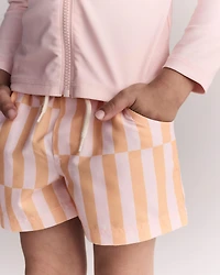 Toddler Boy Off-Center Stripe Swim Trunk - Rose/Light Orange