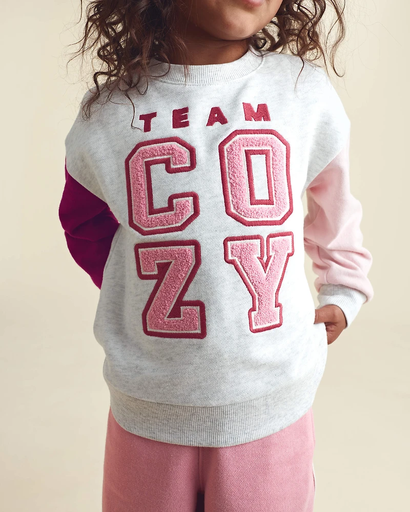Toddler Girl 'Team Cozy' French Terry Pullover Sweatshirt - Pink/Cream