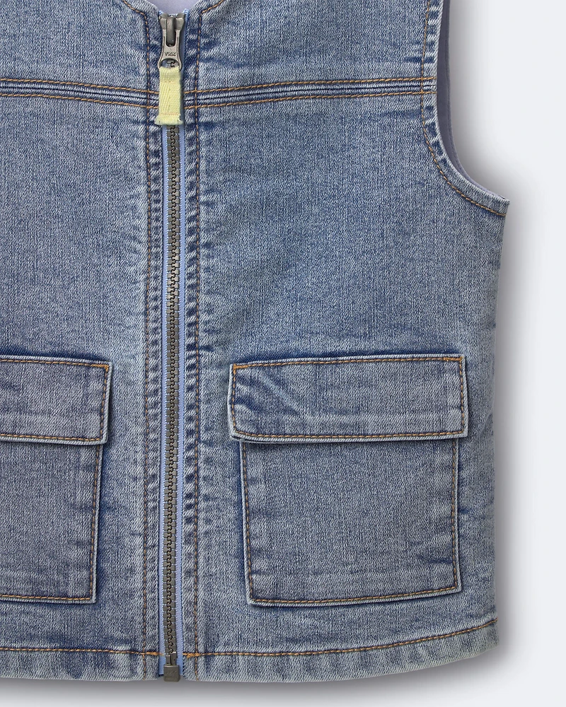 Toddler Boy Zip-Up Denim Vest with Pockets Avenue Wash - Blue