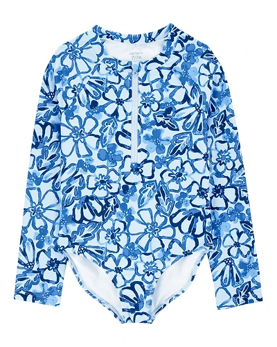 Kid 1- Piece Floral Long-Sleeve Rashguard Swimsuit - Blue