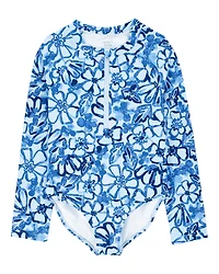 Kid 1- Piece Floral Long-Sleeve Rashguard Swimsuit - Blue