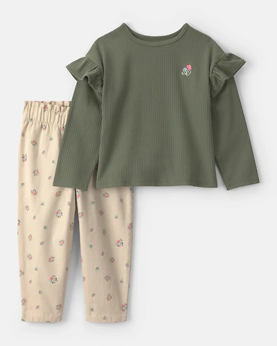 Toddler Girl 2-Piece Floral Twill Long-Sleeve Top & Pant Set - Olive Green/Cream