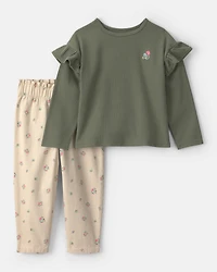 Toddler Girl 2-Piece Floral Twill Long-Sleeve Top & Pant Set - Olive Green/Cream