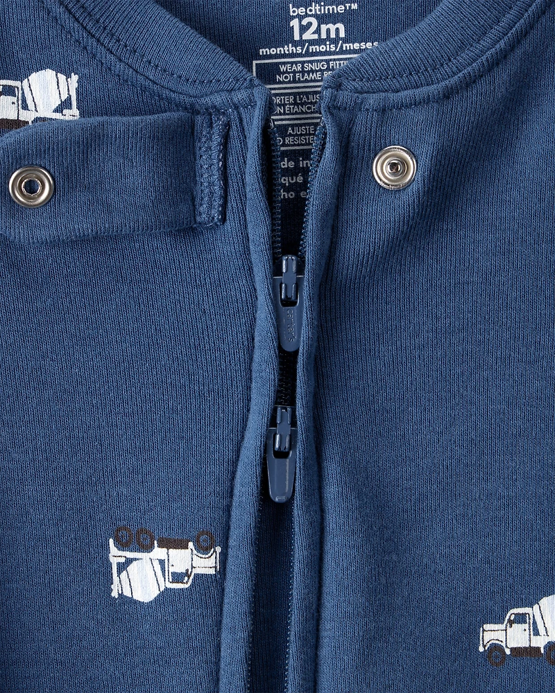 Baby Boy Construction Print 100% Cotton Long-Sleeve 2-Way Zip 1-Piece Pyjamas - Blue