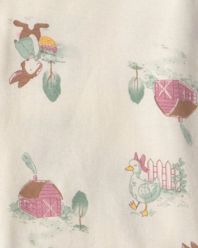 Girls 4-Piece Country Chicken 100% Cotton Snug Fit Pyjama Set - Blue/Cream