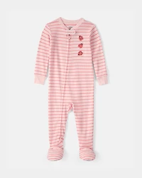 Baby Girl Ladybug Striped 100% Cotton Snug Fit 1-Piece Pyjama Set - Pink
