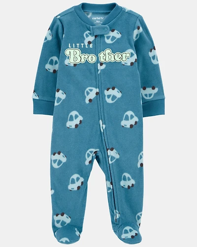 Baby Boy Little Brother Fleece Zip-Up Sleeper - Blue