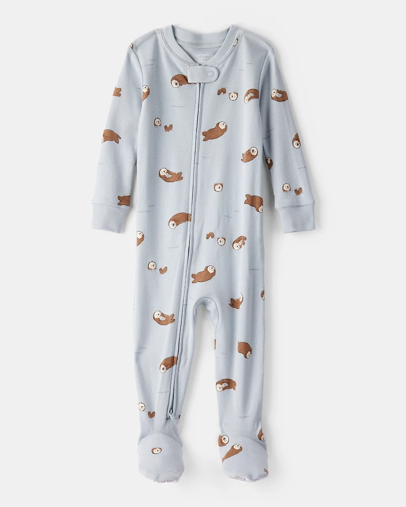 Baby Boy Otter 100% Cotton Snug Fit 2-Way Zip Footie 1-Piece Pyjamass - Blue