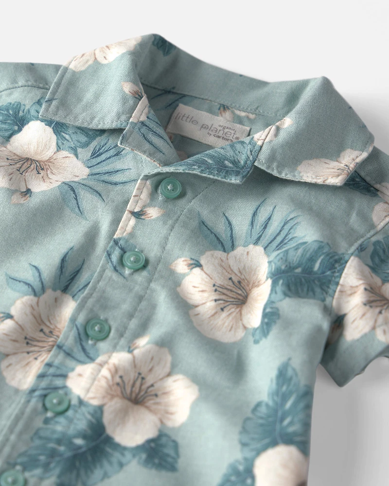 Baby Boy 2-Piece Linen Top & Short Set Made with Organic Cotton Blue Hibiscus