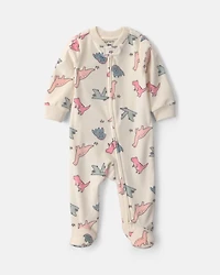 Baby Girl Dinosaur Fleece 2-Way Zip Sleeper - Cream