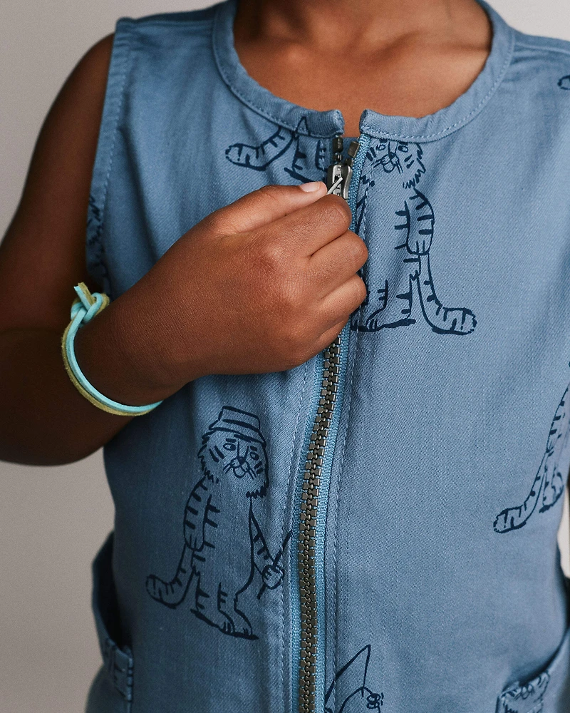 Toddler Romper with Otter Pockets Fishing Tiger Print - Slate