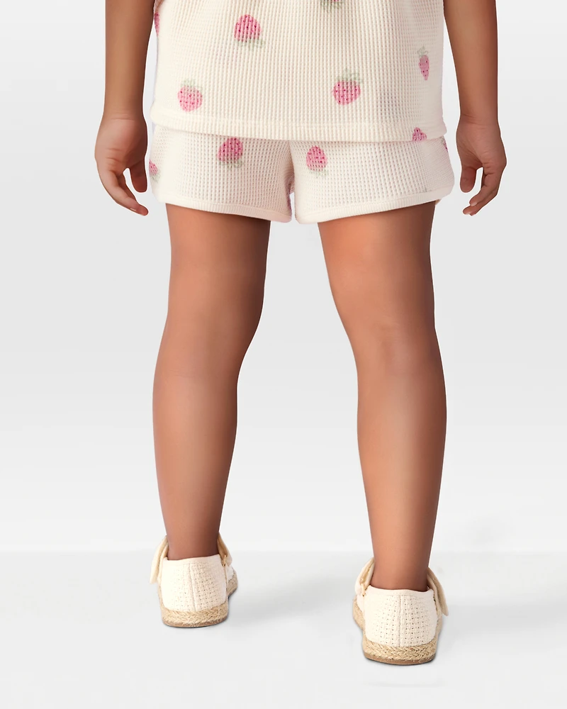 Toddler Strawberry Print Waffle Knit Shorts - Ivory