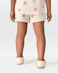 Toddler Strawberry Print Waffle Knit Shorts - Ivory