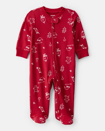 Baby Christmas 100% Cotton Snug Fit 2-Way Zip Sleeper - Red