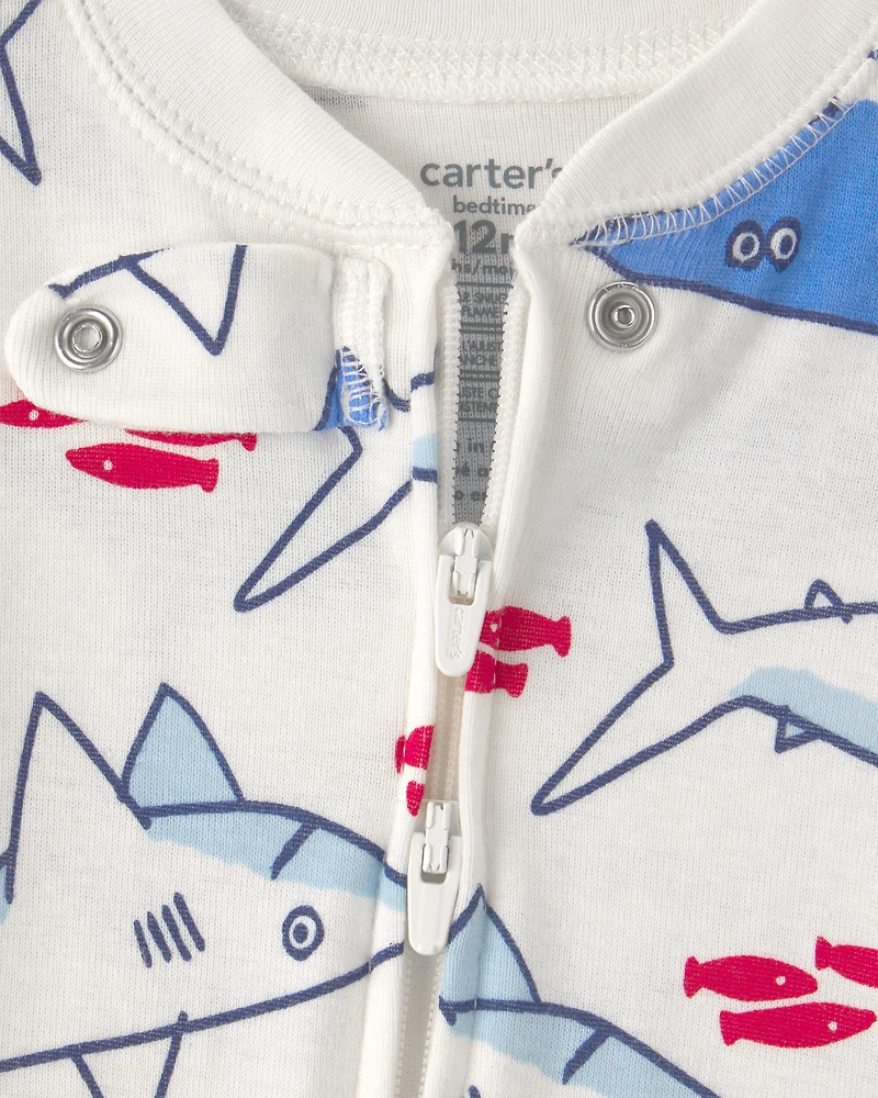 Baby Boy Shark 100% Cotton Snug Fit 1-Piece Pyjama - Ivory/Blue