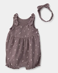 Baby Girl 2-Piece Floral Sleeveless Romper Set - Brown