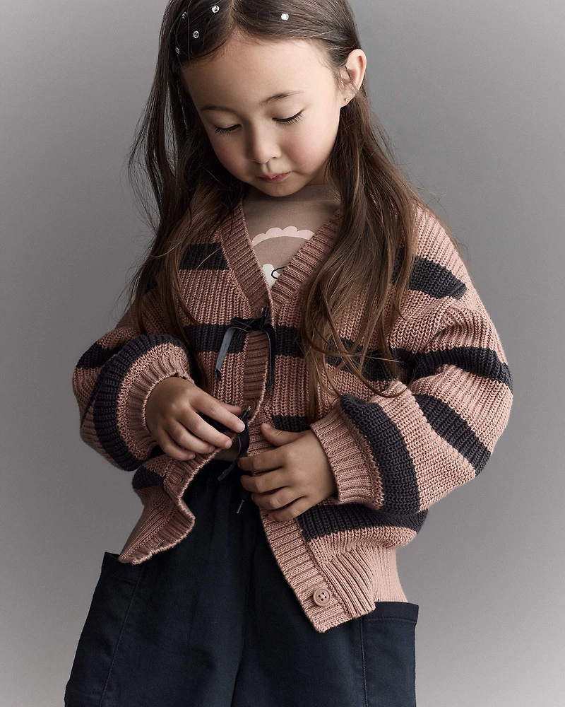 Toddler Girl Striped Puff-Sleeve Cardigan with Bows - Mocha Brown/Black