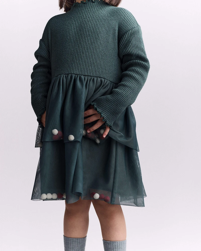 Toddler Girl Tree Pom Long-Sleeve Tutu Dress - Green