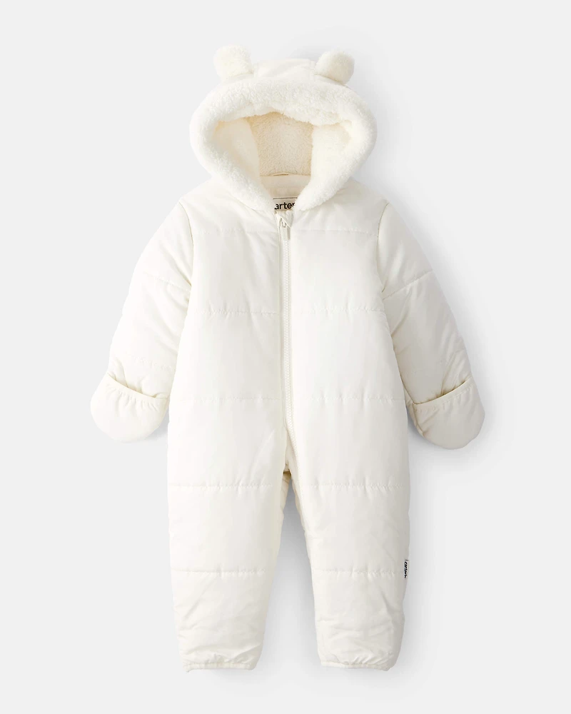 Baby Girl 1-Piece Bear Ears Hooded Pram Snowsuit - Cream