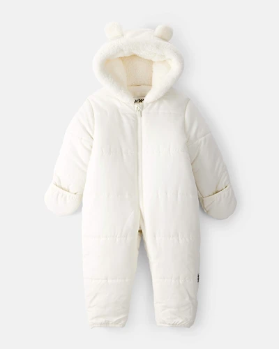 Baby Girl 1-Piece Bear Ears Hooded Pram Snowsuit - Cream
