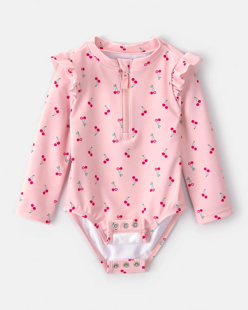 Baby Girl Cherry Long-Sleeve 1-Piece Rashguard Swimsuit - Pink