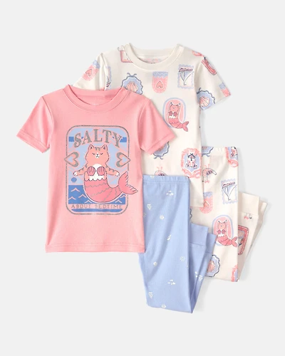 Toddler Girl Mermaid Cat 100% Cotton Snug Fit 4-Piece Pyjama Set - Pink/Ivory