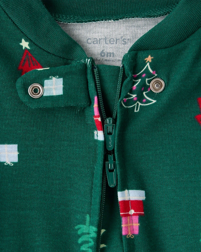 Baby Christmas Tree Print 100% Cotton Long-Sleeve Sleeper - Green