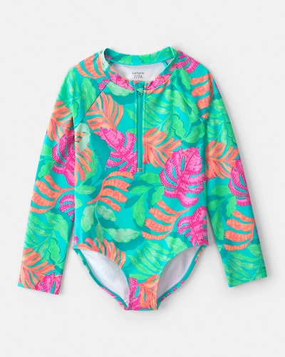Girls Tropical Long-Sleeve 1-Piece Rashguard Swimsuit - Teal