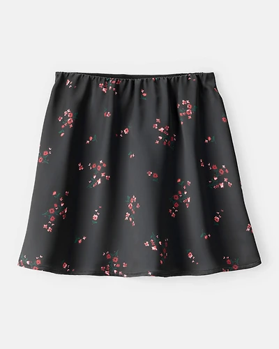 Girls Floral Print Woven Skort - Black