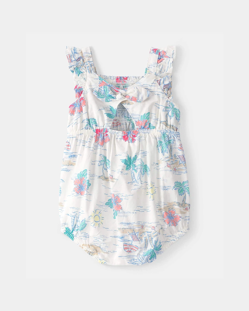 Baby Girl Palm Tree Sleeveless Romper - White