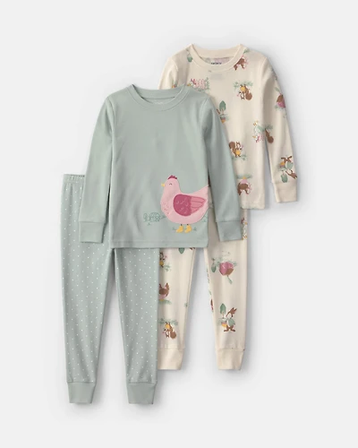 Toddler Girl 4-Piece Country Chicken 100% Cotton Snug Fit Pyjama Set - Green/Cream