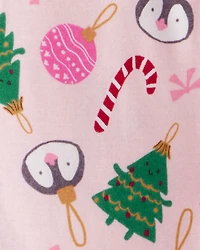 Toddler Girl Christmas Ornament Print 100% Cotton Long-Sleeve 2-Way Zip 1-Piece Pyjamas - Pink
