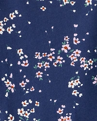 Girls Floral Print Long Sleeve Cotton Dress - Navy